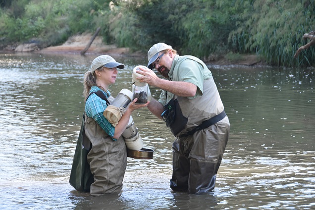 Aquatic ecologists, Dr. Stefanie Kroll and Brett Marshall (l. to r.), examining a stream bottom sample collected